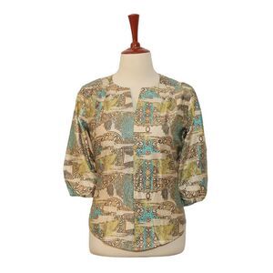 Womens Silky Blouse Beige Green Blue Abstract 3/4 Sleeve V-Neck Casual Top Large